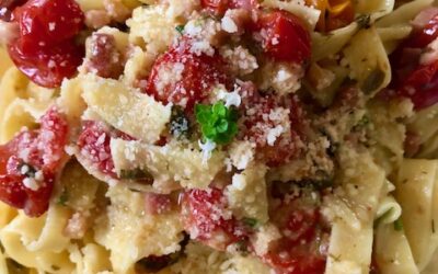 Herb Roasted Cherry Tomato Carbonara with Crispy Pancetta and Burrata Cheese